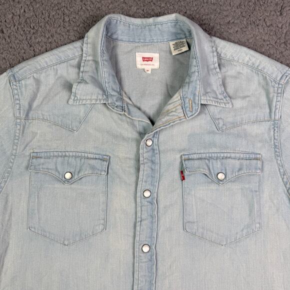 Levis Shirt Mens S Blue Washed Denim Pearl Snap Western Rodeo Work Short Sleeve - Picture 1 of 8
